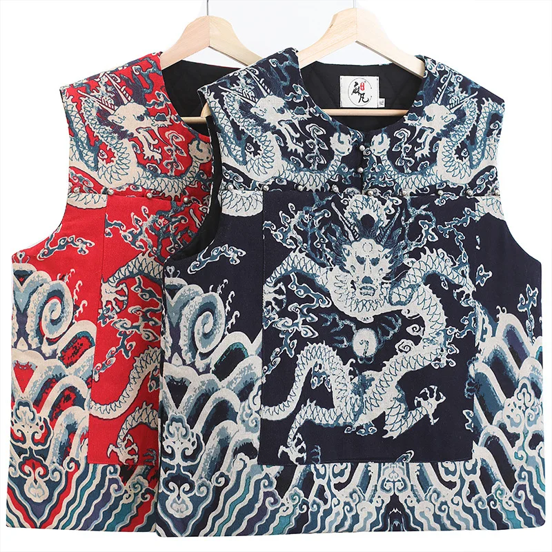 

Silver Buttons Dragon Cotton Men's Vest Slim Vintage Ikon Pure Silver Button embellishment Vest Style Dragon Robes Worn by