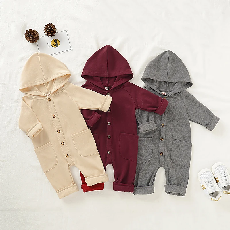 New Arrival Newborn Infant Baby Romper Long Sleeve Button Down Hooded Spring and Autumn Solid Baby Girls Boys Clothes Jumpsuit