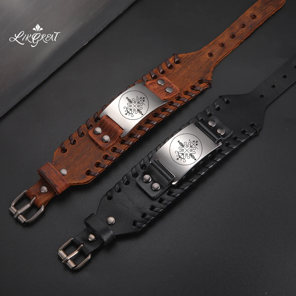 

LIKGREAT Vintage Voodoo Veve Papa Legba Men's Wide Leather Wrist Bracelets Hoodoo Bangles Charms Jewelry Punk Men Original Gifts