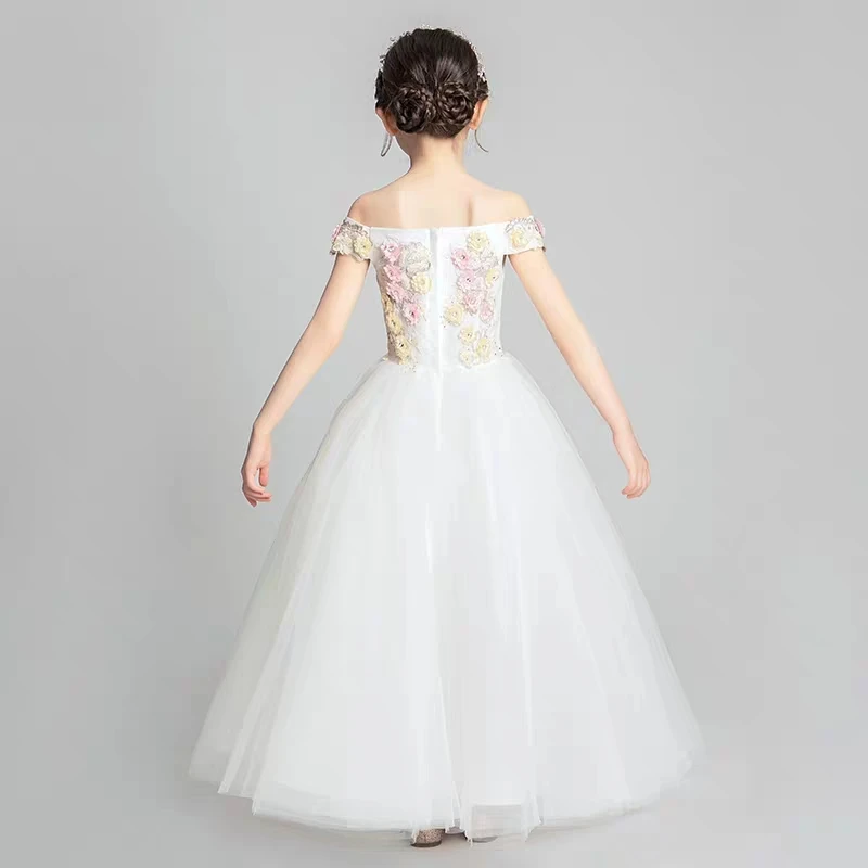 

Children Girls Gorgeous Shoulderless Collar Embroidery Flowers White Birthday Evening Party Dress Kids elegant Host Piano Dress