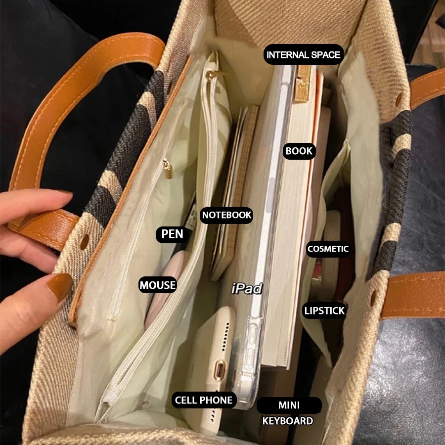

Women Handbag Minimalist Fashion Large Capacity Bag For Ladies Vintage Striped Female Portable Tote Shopping Bag Korean Style