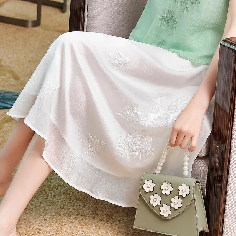 Clothing Top Grade Designer 2020 Summer Vintage Women Tunic Embroidery Short Sleeve Tops Coat+Mid-Calf A-Line Skirt Sets |