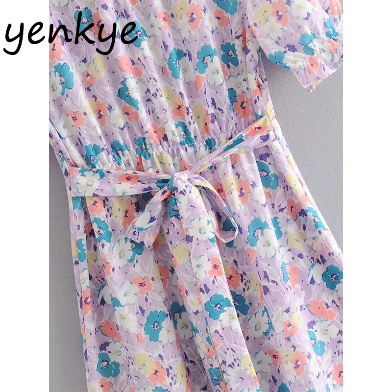 

Multicolor Floral Print Holiday Boho Dress Sundress Women V Neck Short Sleeve Slim A-line Midi Summer Dress vestido mujer