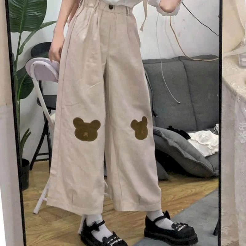 

Брюки женские с широкими штанинами и симпатичным медведем, свободные универсальные прямые штаны в Корейском стиле колледжа, повседневные С...
