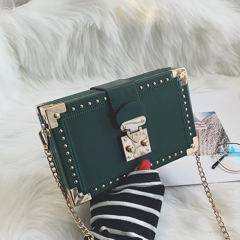 Green Fashion Vintage Rivet Designer Bag Box Style Buckle PU Women Clutch Bag Chain Purse Shoulder Bag Crossbody Small Flap Handbag - Цвет: Green