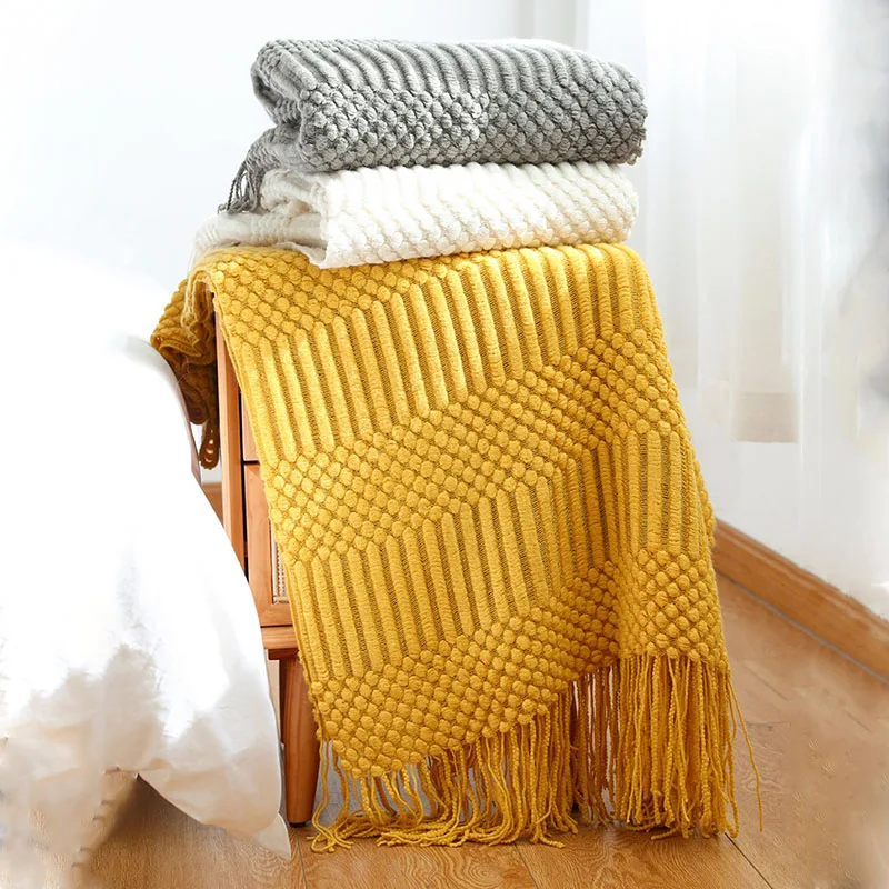 

Вязаное одеяло в скандинавском стиле с кисточками для дивана, однотонная геометрическая шаль, одеяло, декоративное одеяло для гостиницы, кр...