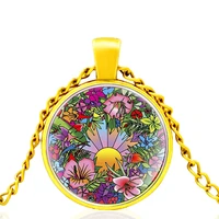 new arrival cartoon flower sunrise bronze glass dome charm pendant necklace men women jewelry gifts