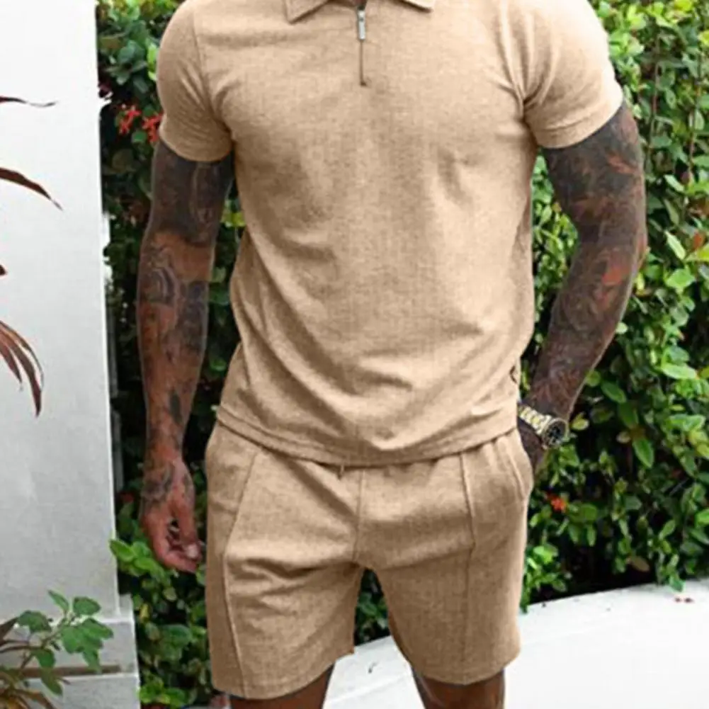 Men's Cotton Zipper Polo Short Sleeve Shirt Shorts 2-piece Set 2021 Summer Men's Lapel Solid Color Suit Fabric Sports Slim- Fit