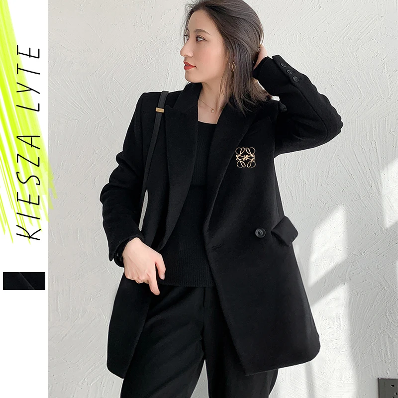 

Winter Woollen Suit Jacket for Women Minority Solid Black With Brooch Blazer Elegant Office Lady 2020 Outwear