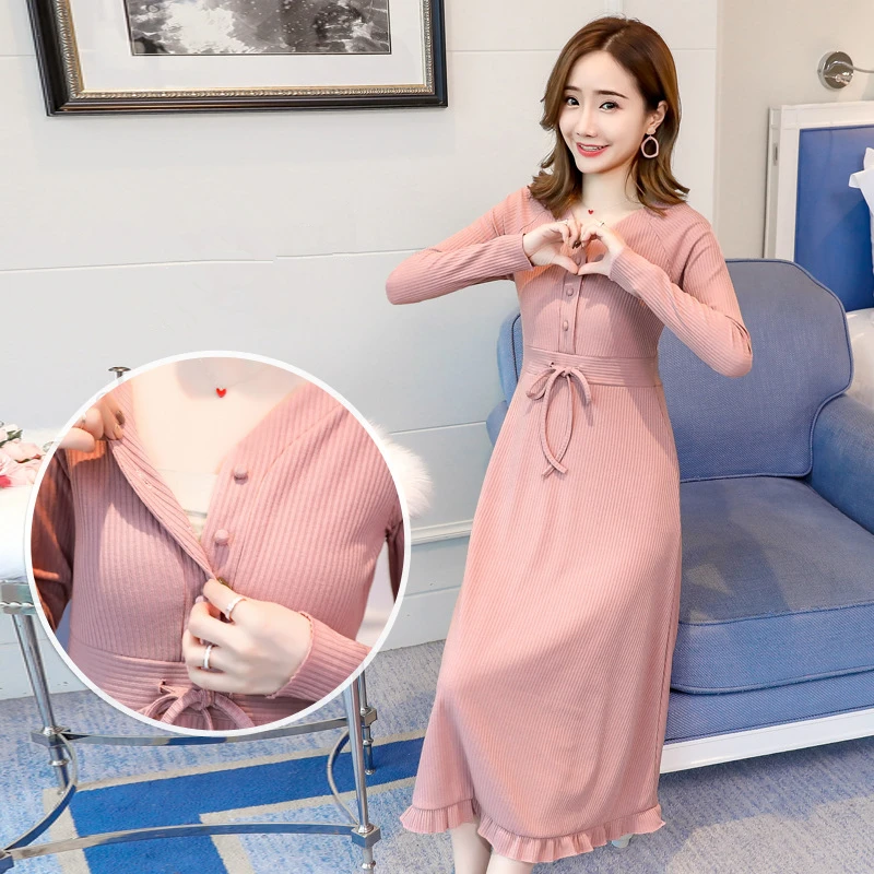 

Clothes Nursing Dresses Breastfeeding Pregnancy Clothes Outwear with Girdle Waist Maternity Gown Vneck Slimming Ruffle Edge
