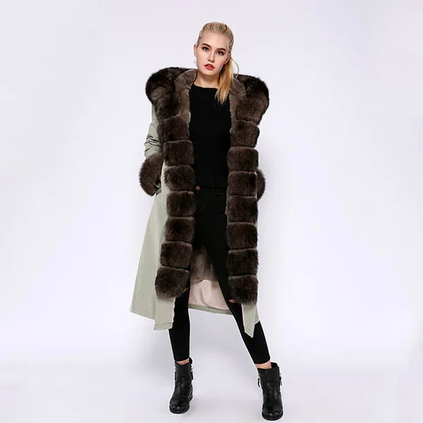 Зеленый JEPLUDA парка женская с натуральным мехом лисой большой на капюшоном и манжетами меховой подкладкой кролика рекс полный толстый разъемный зимнее женское пальто с мехом съемный женская куртка из натурального меха лиса - Цвет: Зеленый