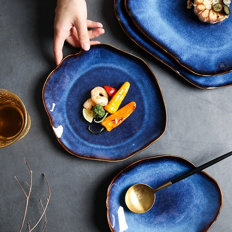 

New Japanese Ceramic Plate Dish Food Deep Blue Irregular Flat Plate Ceramic Dish Dishware Dishware Household Dishware