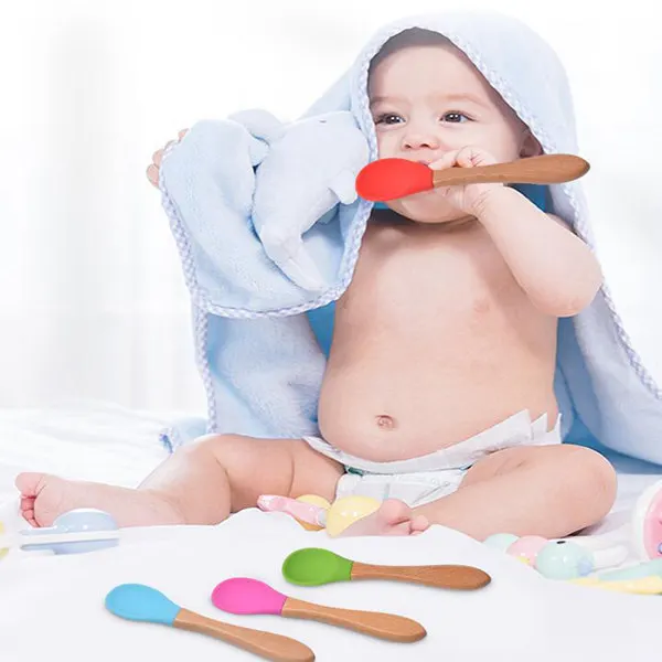 Ложка для кормления детей деревянная ручка силикон ложек тренировочные ложки с