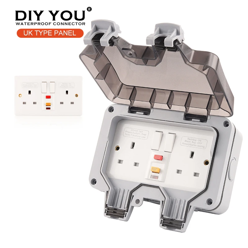 

IP66 UK Standard RCD TYPE Waterproof Outdoor Wall Socket With Switch For Home Garden 13A Plug Power Double Outlet Panel Switch