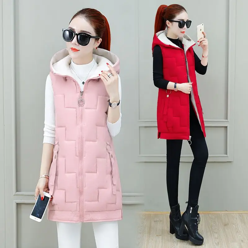 Женский хлопковый жилет на молнии с капюшоном Длинный безрукавка|Жилеты и