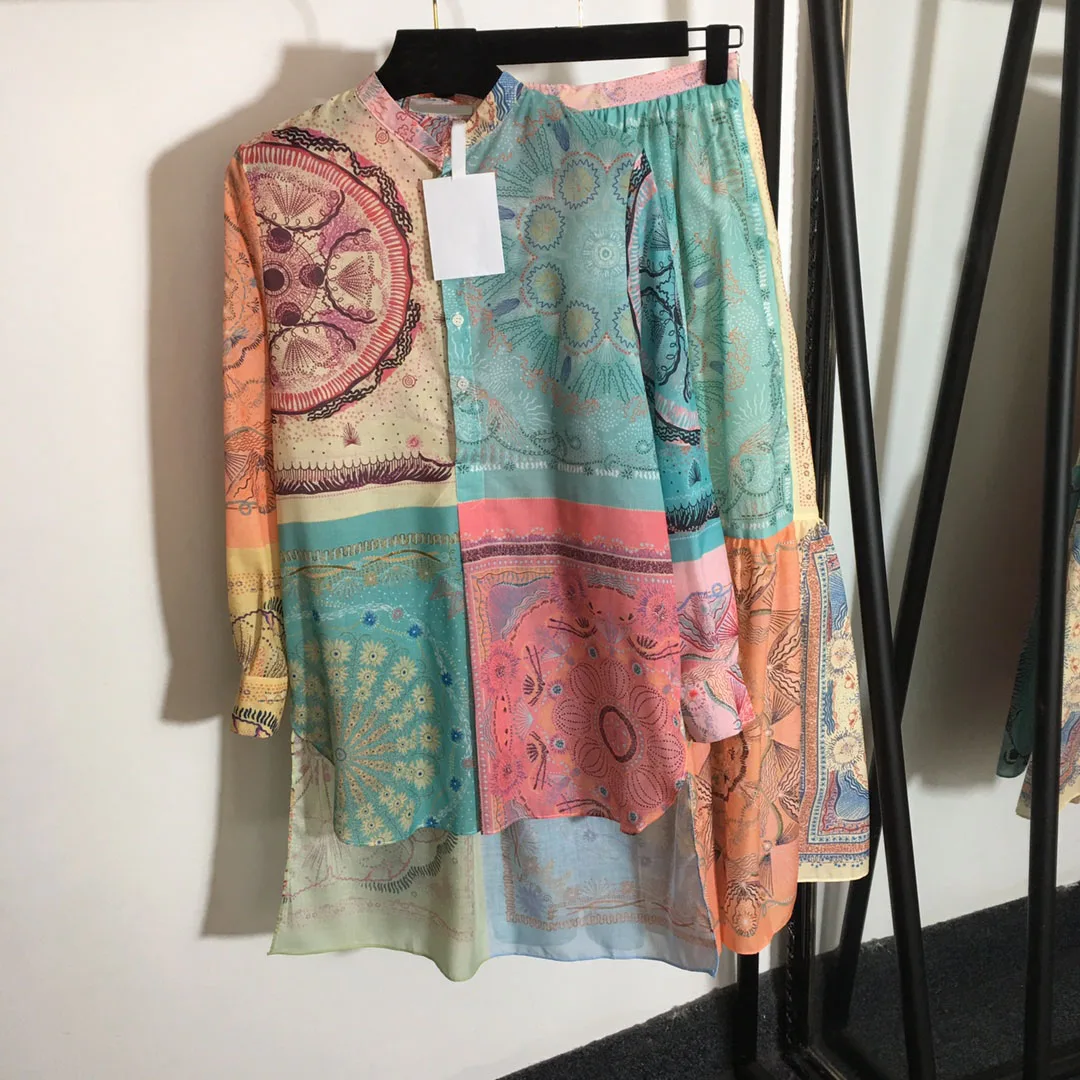 

luxury brand fashion retro printed women's dress two piece set of temperament irregular long sleeve top + high waist slim skirt