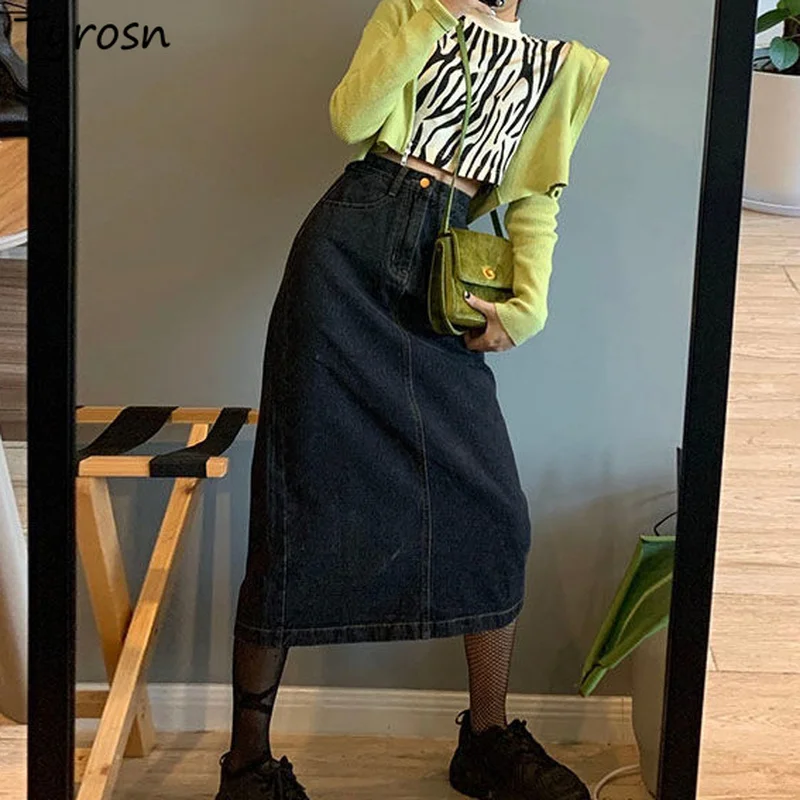 

Skirts Women Casual High Waist Midi Fashion Streetwear Fall Denim Korean Style Chic All-match Harajuku Students Back-slit Design