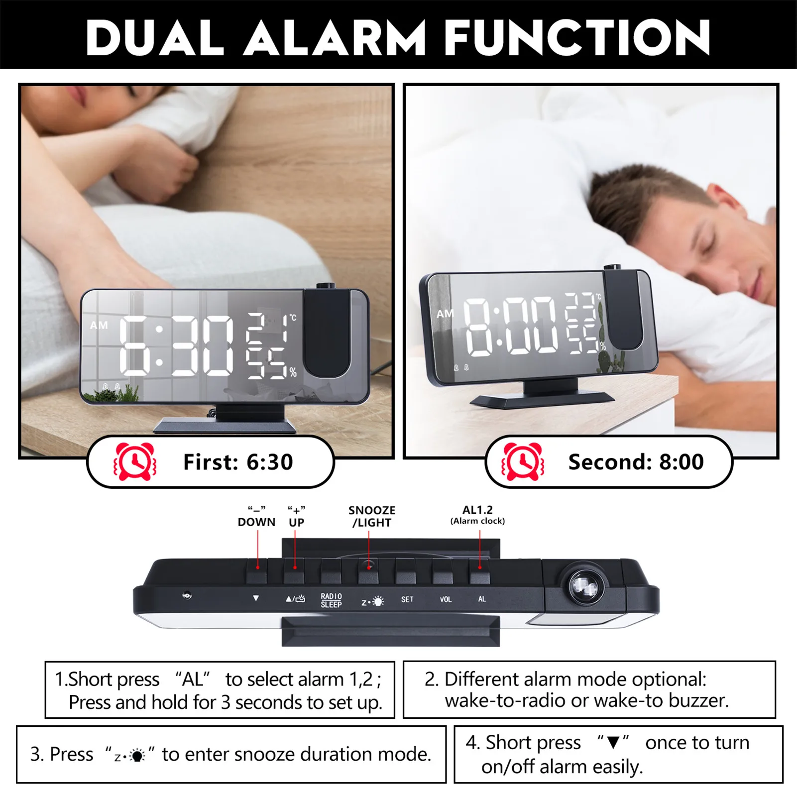 

2021 LED Digital Alarm Clock Radio Projection With Temperature And Humidity Mirror Clock Multifunctional Bedside Time Display