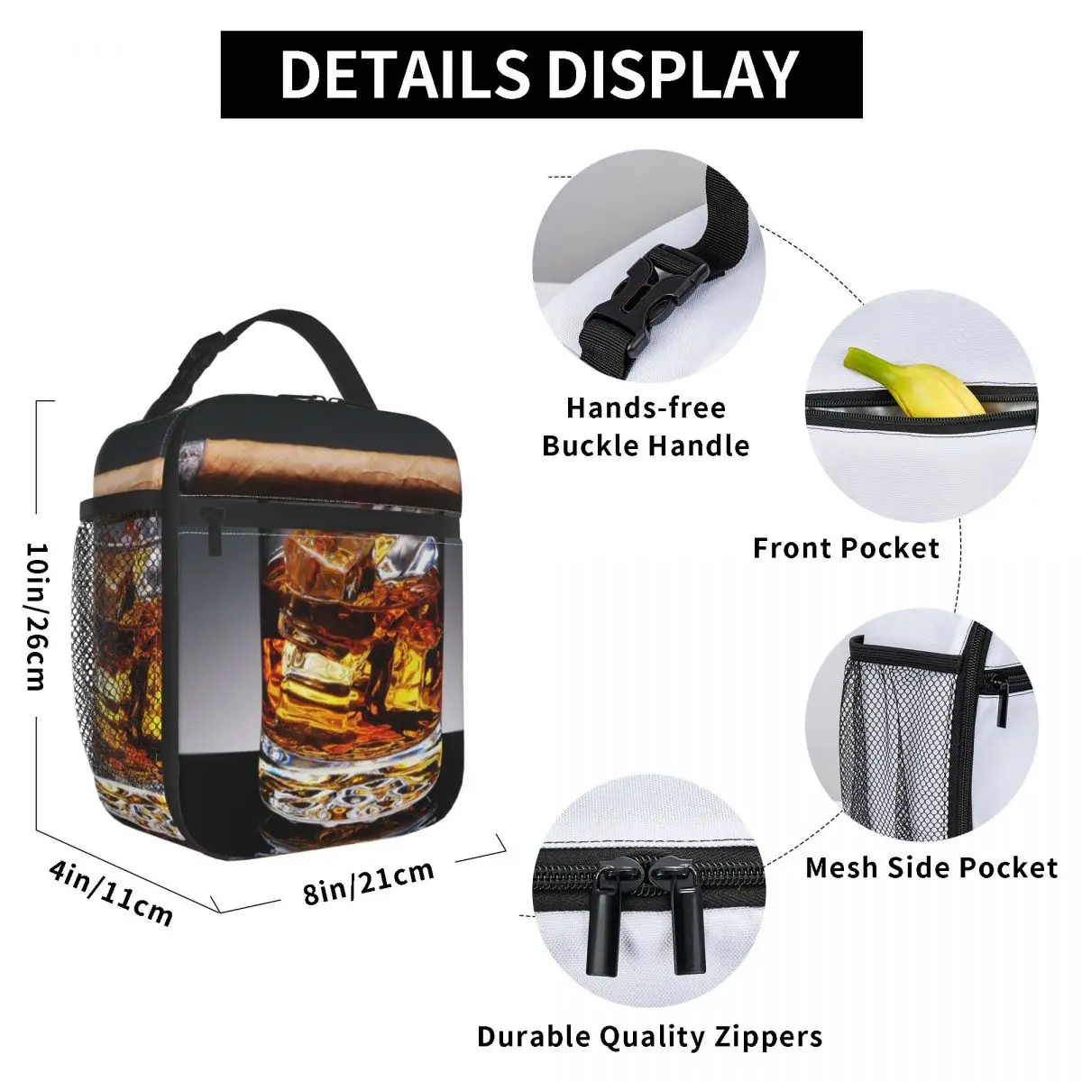 

Cigar Whisky Lunch Bag for Women Men Large Insulated Lunch Box with Water Bottle Holder and Pockets