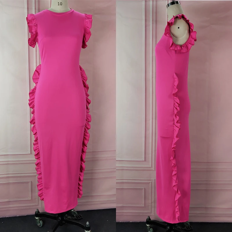 Для женщин тонкий плотный платье с оборками без рукавов длины макси платья