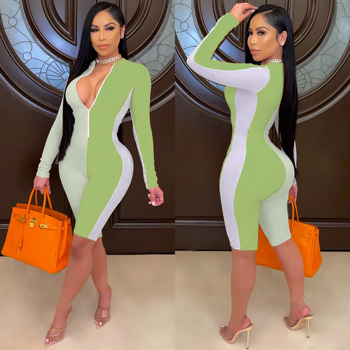 

Summer Patchwork Long Sleeve Playsuit Women Streetwear Zipper Rompers Sexy Biker Short Jumpsuits Bodycon One Piece Jumpsuit