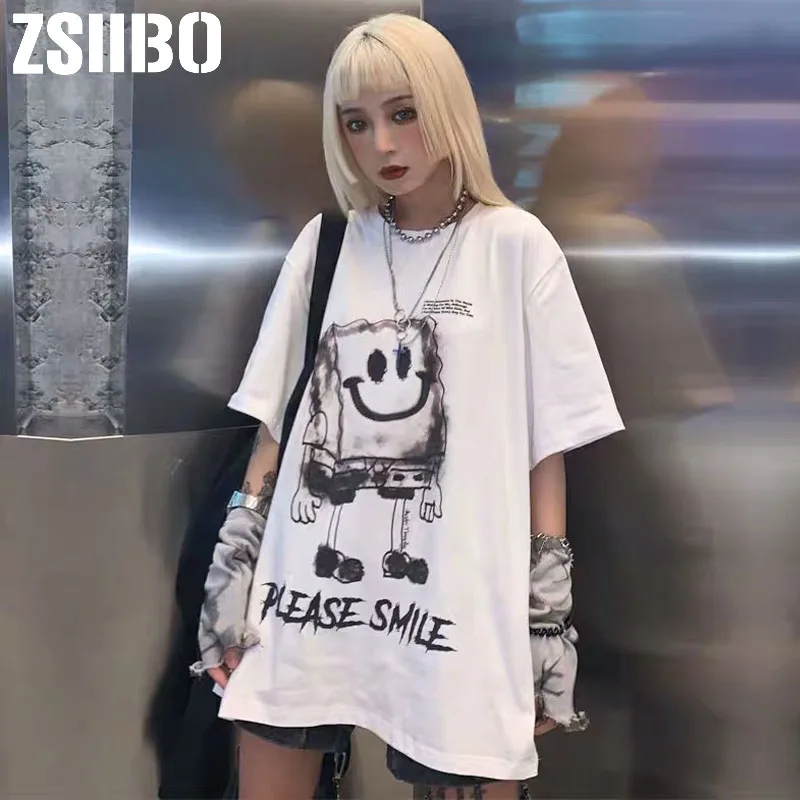 Корейская футболка в стиле хип хоп с изображением Губки Боба женская Харадзюку