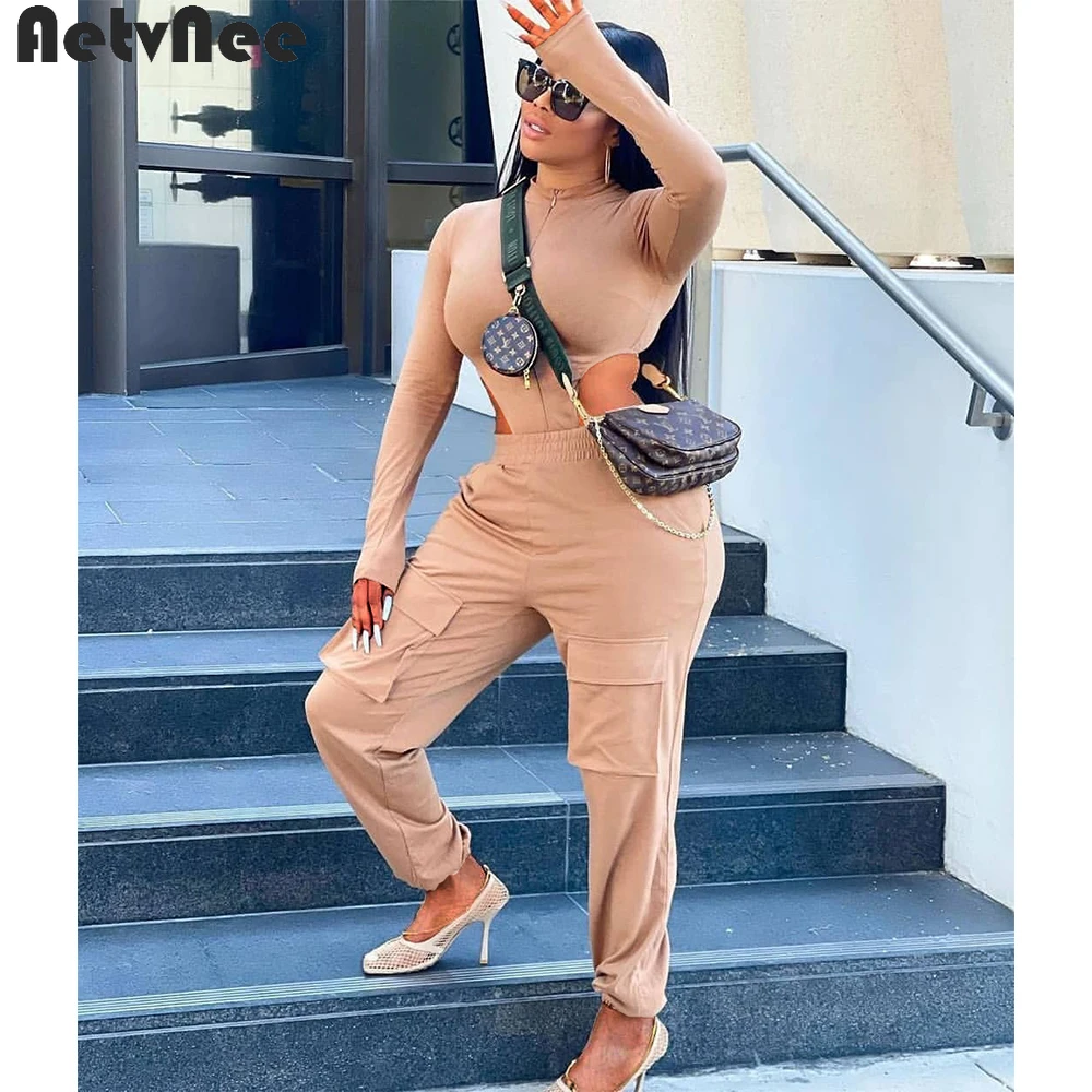 

Женский спортивный костюм AetvNee из двух предметов, однотонный облегающий костюм на молнии и прямые брюки-карго