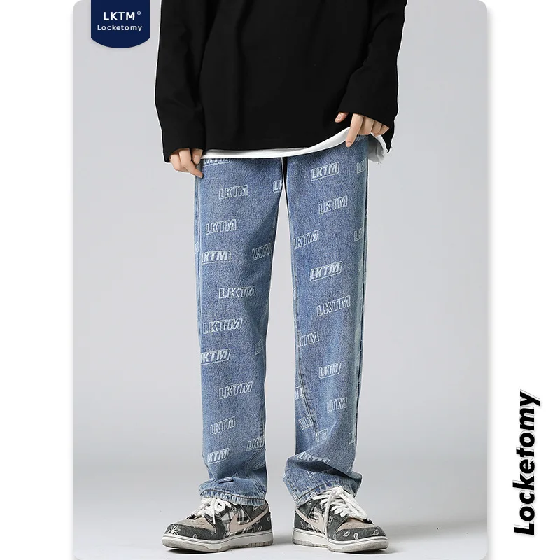 

Men's Jeans Korean Fashion High Street Hip-hop Letter Print Jeans Men's Ins Mopping Wide-leg Pants Streetwear Мужские джинсы