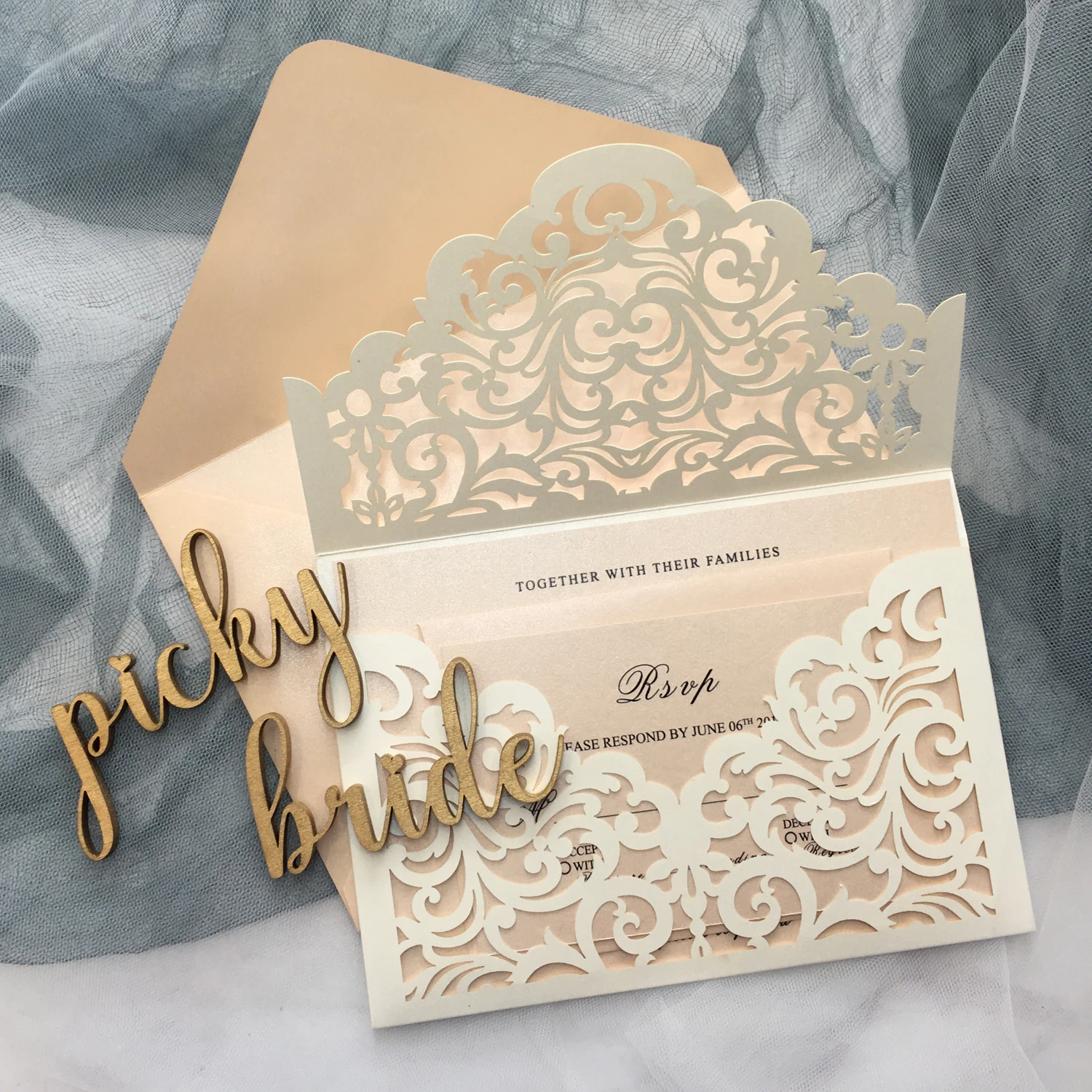 

Elegant Wedding Invitations Cards Ivory Laser Cut Invitations with Blush Pink Shimmer Insert - Set of 50 pcs