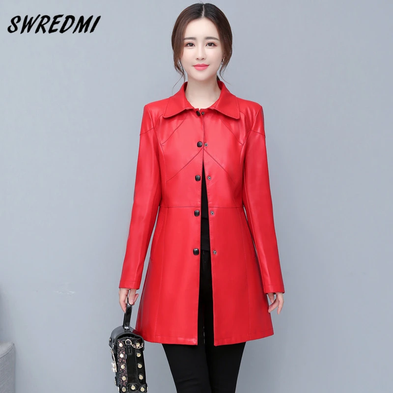 Long Leather Trench Female Spring Leather Coat Women Plus Size M-5XL Suede Clothing High Quality SWREDMI