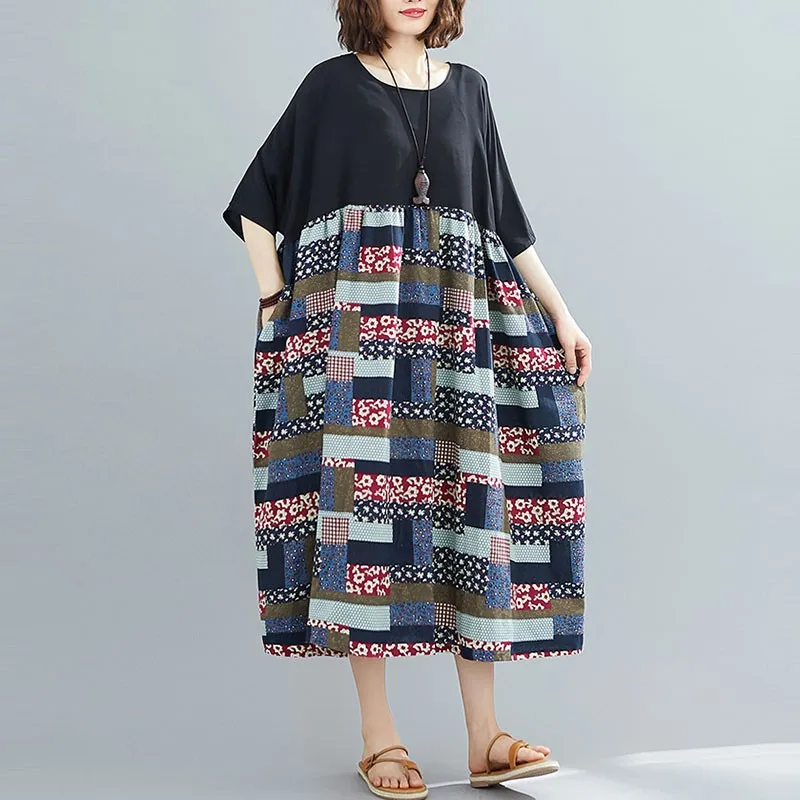 

Oversized Women Loose Casual Dresses New Arrival 2021 Summer Vintage Style O-neck Patchwork Color Female Long Dress S2895