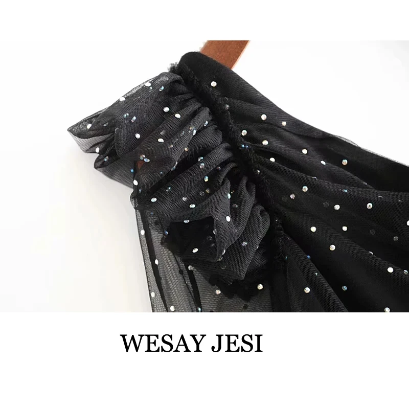 

WESAY JESI New Women Pleated Ruffles Asymmetric Slim Mini Dress Ladies Sexy Single Shoulder Vestidos Sequins Decoration Dresses