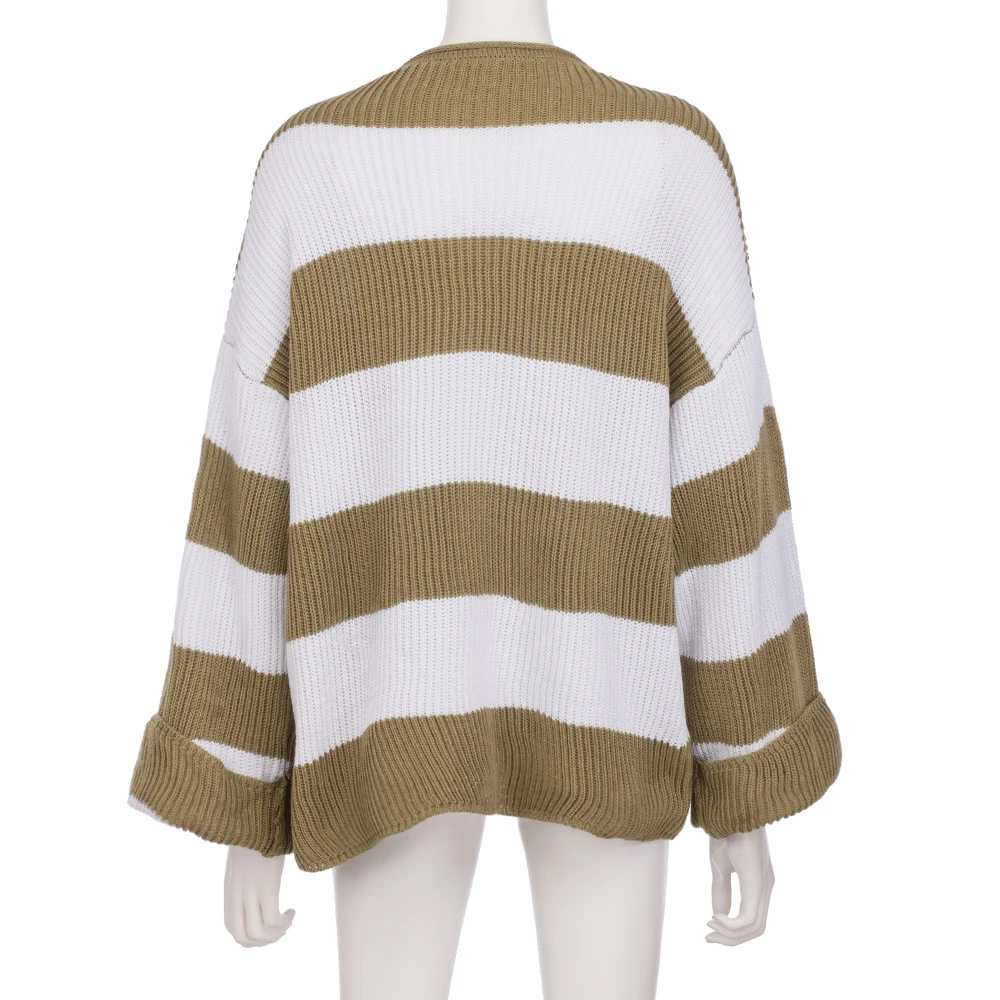 Ladies sweater long sleeve round neck pullover stripe color matching autumn and winter six senses | Женская одежда