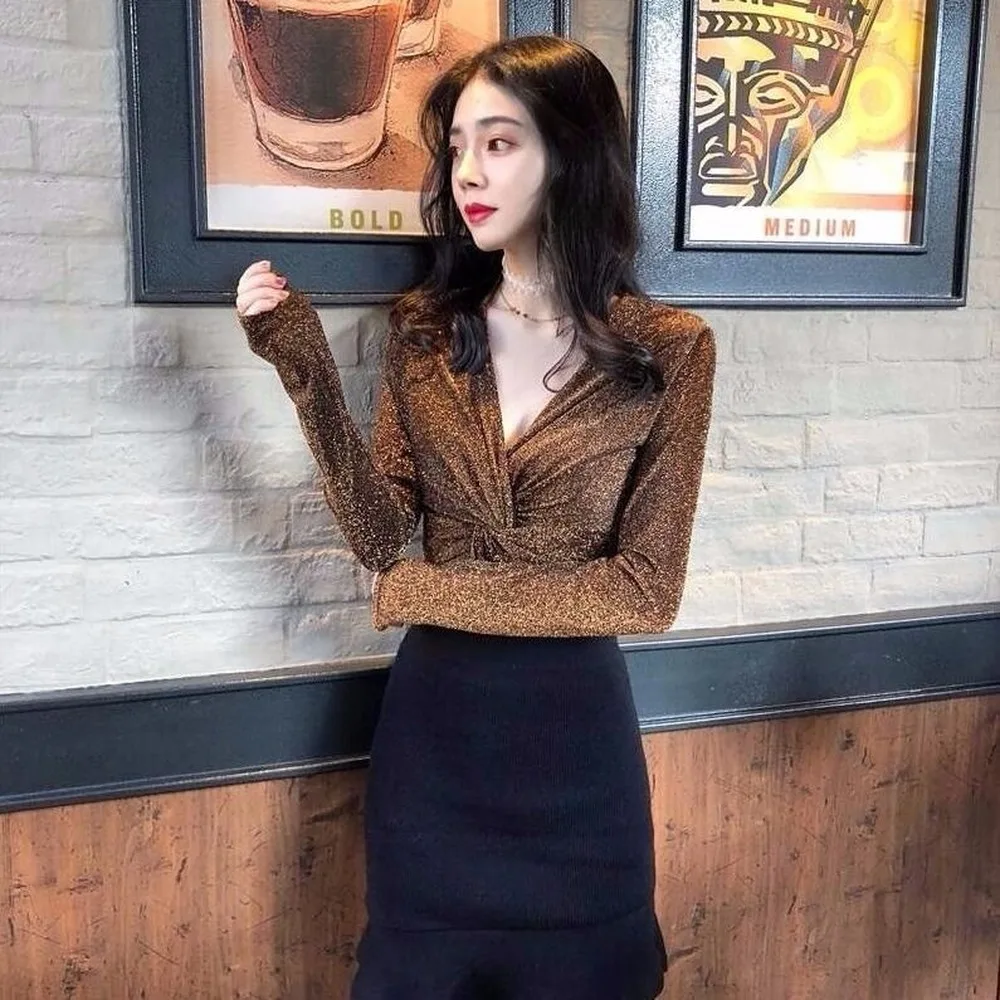 

2021 Chic Retro Cross Sexy V-neck Temperament Top Women's Wear Versatile Slim Long Sleeve Thin Bottomed T-shirt Fashion Y2k Top