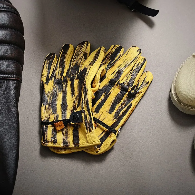 Motorcycle Biker Men Winter Sheepskin Genuine Leather Gloves Warm Full Driving Guantes Mujer Retro Yellow Riding Mittens | Аксессуары