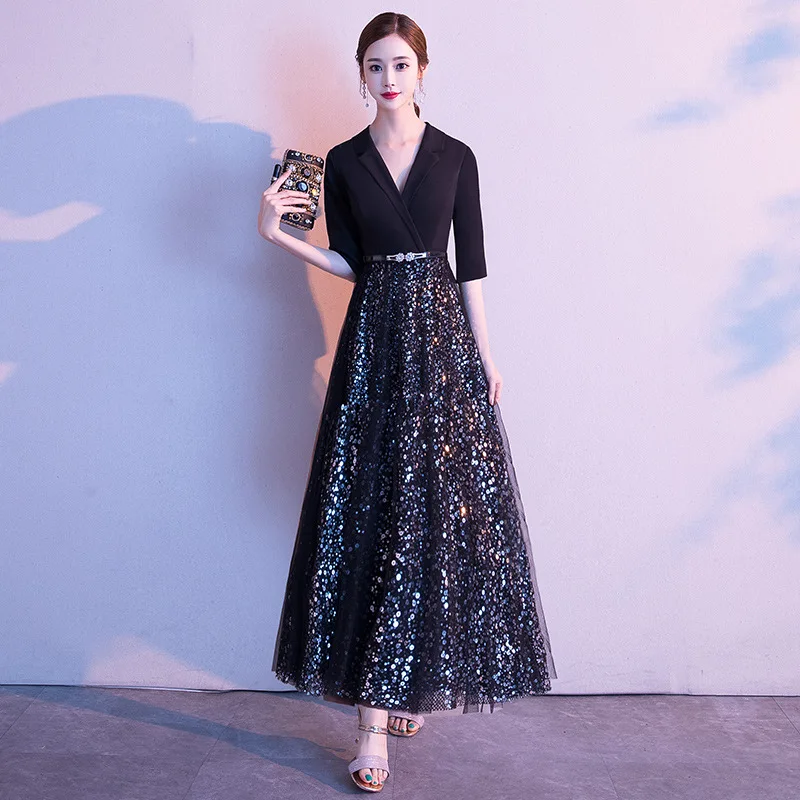 

2020 New Fashion Evening Dress Ankle Length Black Short Party Dress Student French Style Shinning Sequins V-neck Half Sleeve