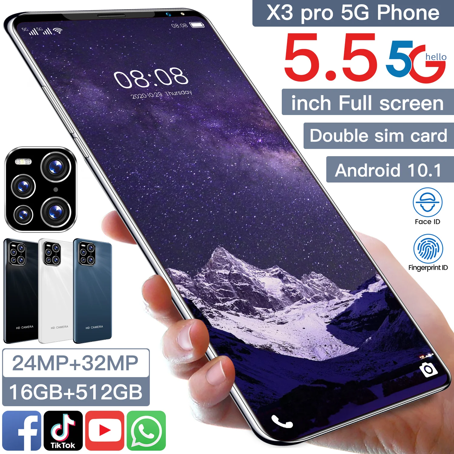 

Cheap Phone 5.5 Inch X3 Pro Andriod 10.1 Fingerprint ID 8+128GB 24+32MP Cell Phone 5600mAh 1440*3040 Smart Phone MTK6889 Celular