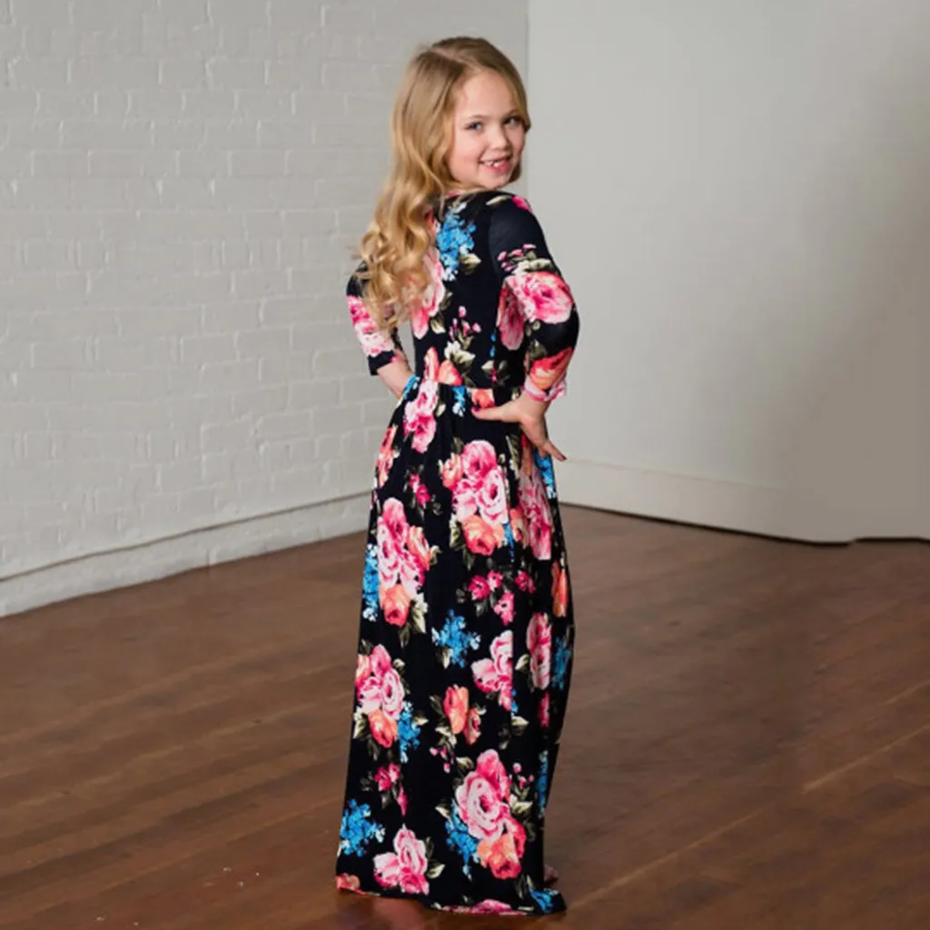 Осеннее платье для девочек детское с длинными рукавами и цветочным принтом мамы