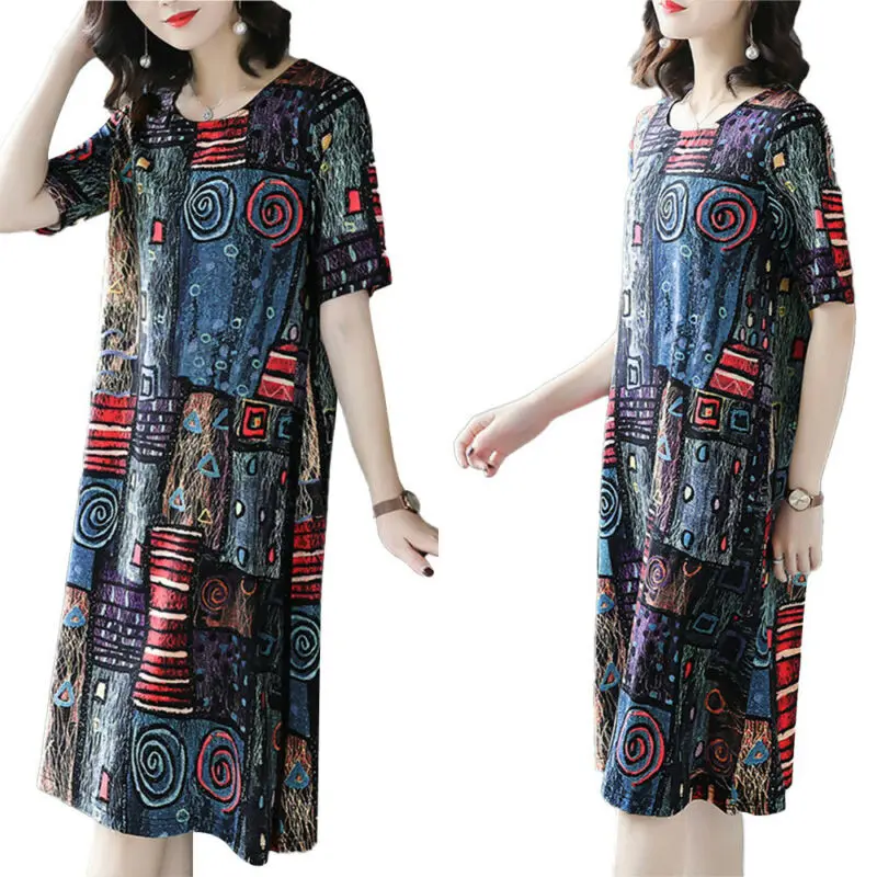 

Ladies Floral Printed Round Neck Dress Short Sleeve Summer Casual Loose Dress