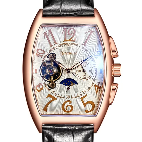 Роскошные автоматические механические часы, мужские наручные часы-скелетоны в стиле ретро с Лунной фазой и автоподзаводом, мужские золотые часы, кожаные часы