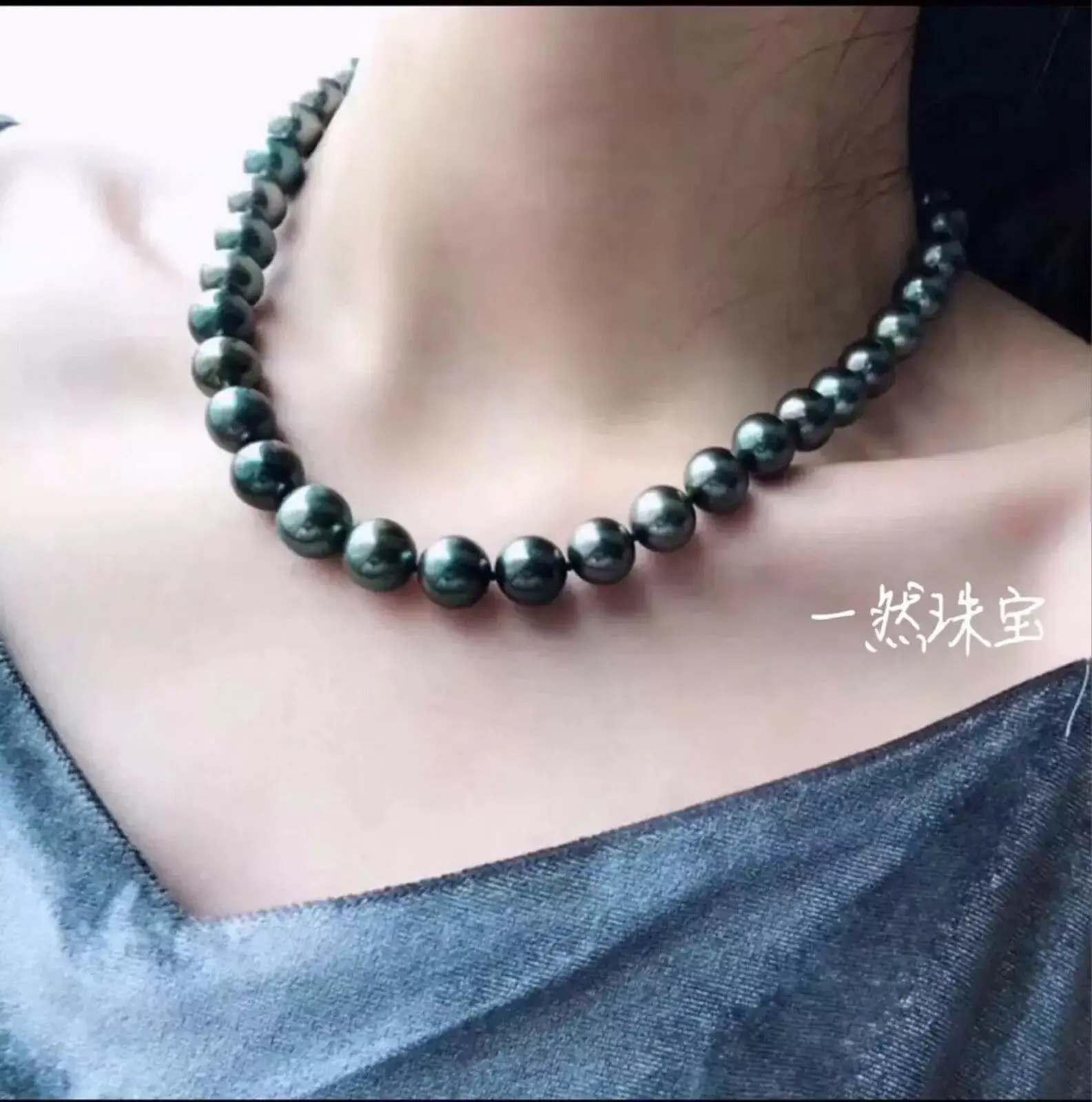 ?? 巨大な13-15mmタヒチアンラウンドブラックグリーンパールネックレス18インチ925s