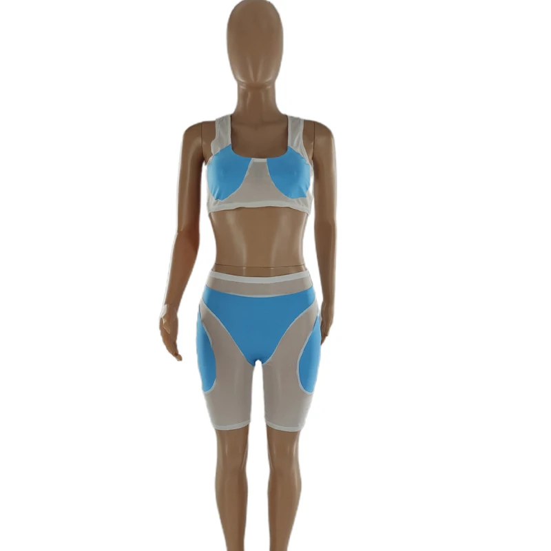 

Kricesseen Sexy Mesh Patchwork Shorts Set Women Sleeveless Top And High Waist Shorts Suits See Through Sportwear 2 Piece Outfits