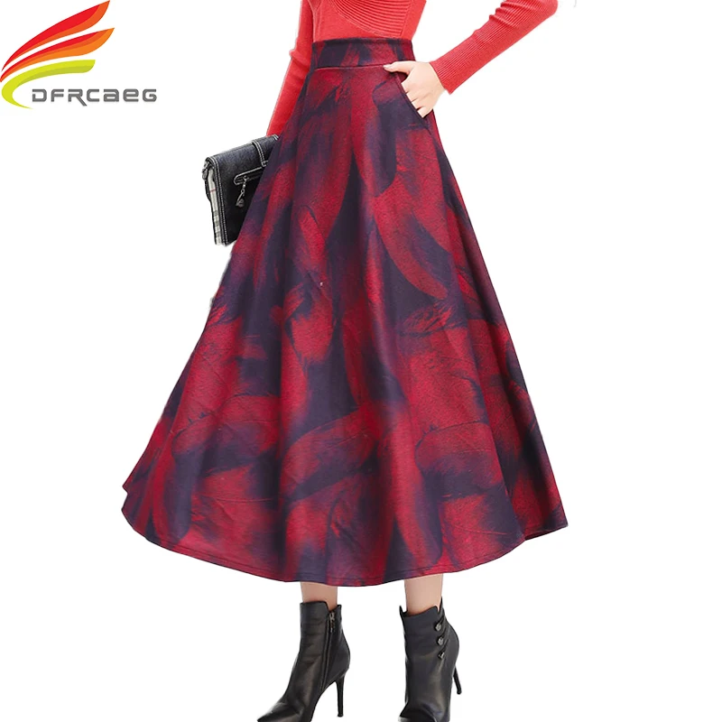 Высокая эластичная талия длинная юбка женская 2019 осень зима цветочные шерстяные