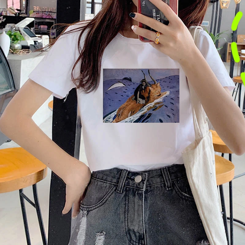 

Women's T-shirt Kawaii cat oil painting print T-shirt basic O-neck short-sleeved ladies white graphic girl T-shirt Tops Tees