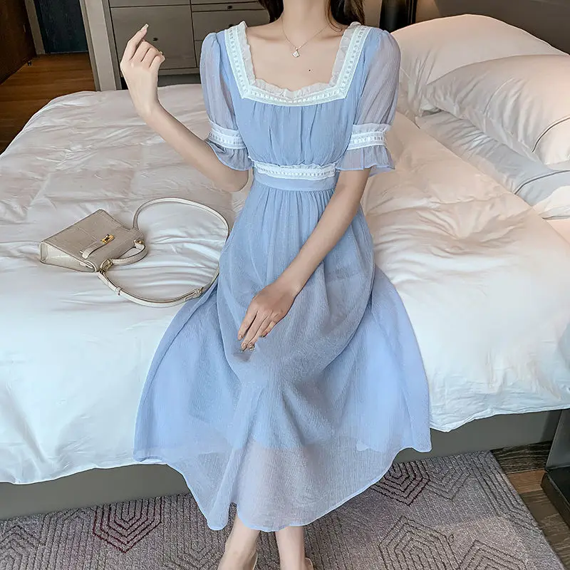 

2021 New Summer Women's Dress Fashion Slim Chiffon Pretty Dress Casual Short Sleeve Elegant Sexy Lady Preppy Style Dress