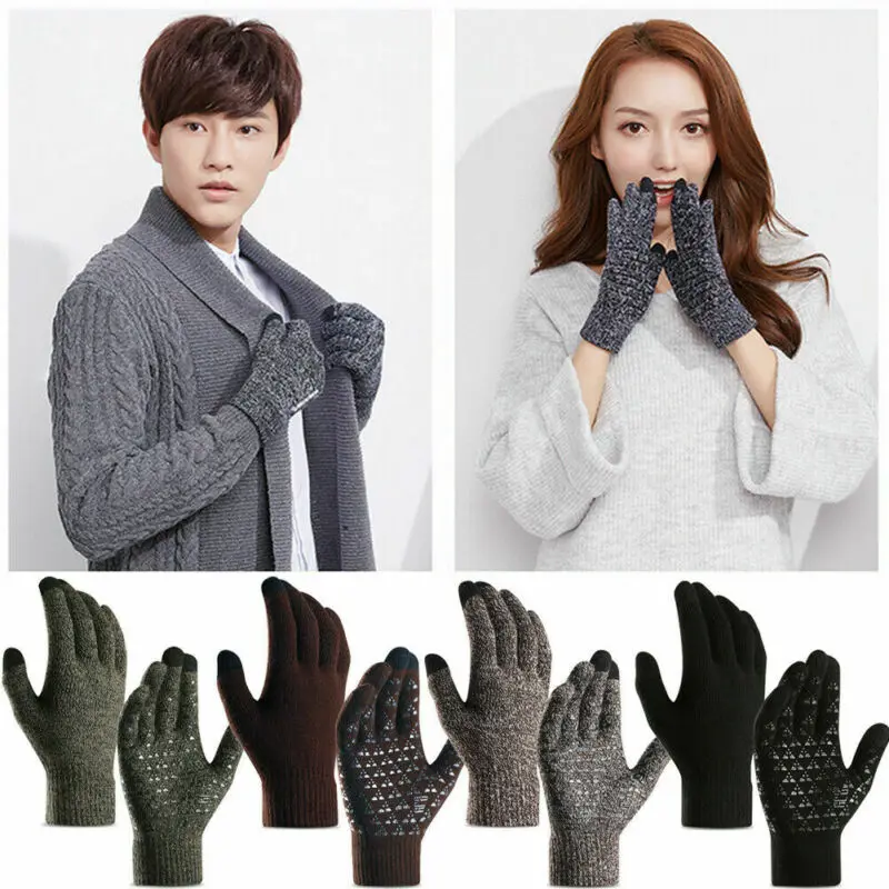 Мужские и женские зимние теплые вязаные перчатки с флисовой подкладкой для