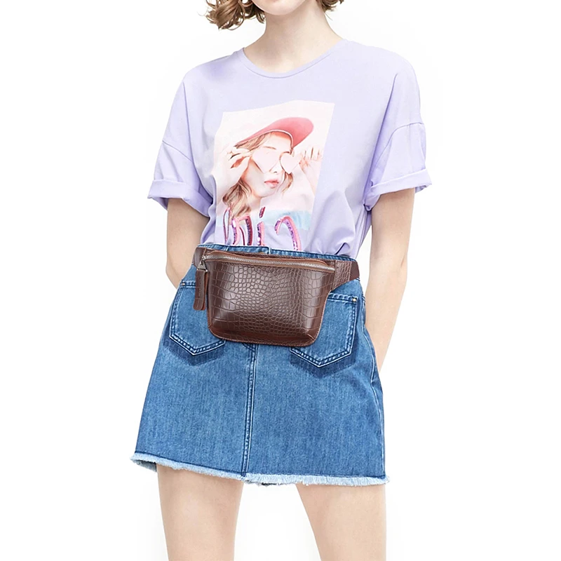 

Casual Waist Bag for Women Alligator Leather Fanny Pack Phone Pouch Chest Packs Ladies Wide Strap Belt Bag Female Crossbody Flap