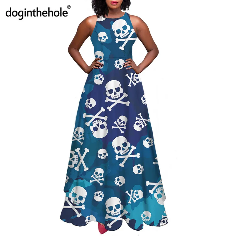 

Женское длинное платье без рукавов, готическое голубое платье-макси с принтом черепа, круглым вырезом и высокой талией, Повседневная летняя...