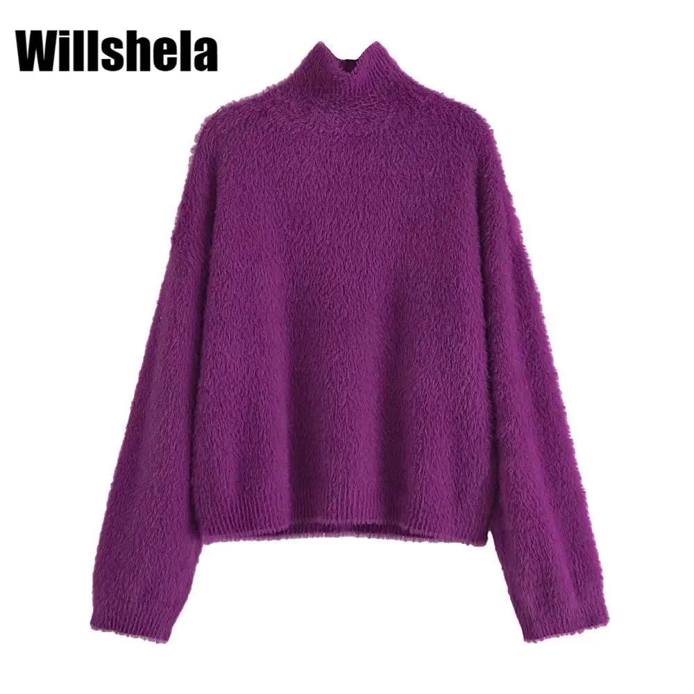 

Willshela женский модный вязаный свитер из искусственного меха с высоким воротом и длинными рукавами, шикарный Женский Повседневный вязаный пу...