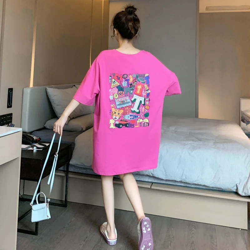 #2311 Summer Printed Mini Dresses Loose Cotton Tshirts Ladies Cartoon Printing Short Sleeve O-neck Dress Female Korean | Женская одежда